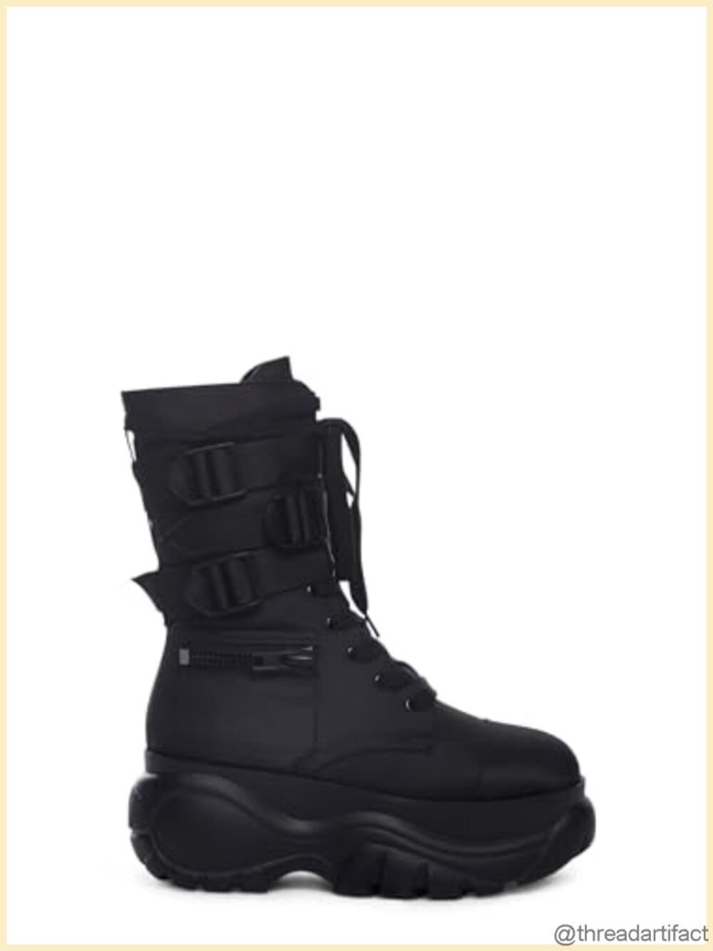 Chunky Platform Combat Boots Mid-Calf Side Zip Buckled Straps